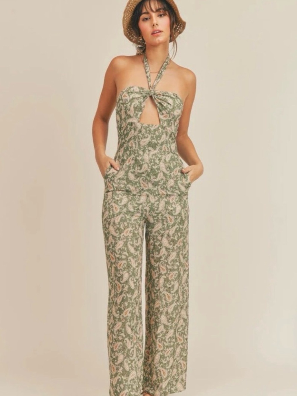 Sage The Label Green Paisley Halter Jumpsuit